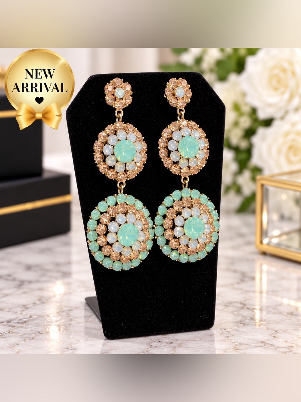 ✨ Statement Crystal Drop Earrings — Mint & Champagne ✨